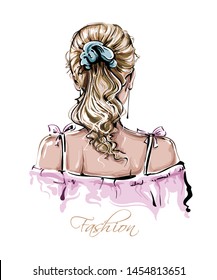 Hand drawn beautiful young woman hairstyle  Stylish female blonde hair  Fashion woman look  Sketch  Vector illustration 