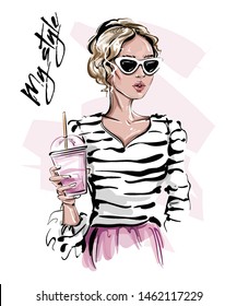 Hand drawn beautiful young woman in sunglasses  Stylish blonde hair girl and drink in her hand  Fashion woman look  Sketch  Vector illustration 