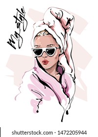 Hand drawn beautiful young woman in sunglasses. Stylish girl with bath towel on her head. Fashion woman look. Sketch. Vector illustration. 