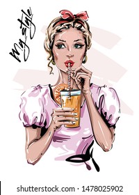 Hand drawn beautiful young woman with drink. Stylish pin-up girl with head accessory. Fashion woman look. Sketch. Vector illustration.