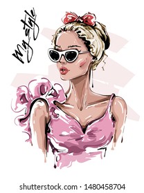 Hand drawn beautiful young woman in sunglasses. Stylish girl with bow on her head. Fashion woman look. Sketch. Vector illustration.