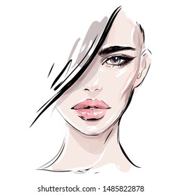 Hand drawn beautiful young woman face sketch. Stylish glamour girl makeup. Fashion illustration. 