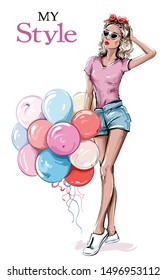 Hand drawn beautiful young woman in sunglasses. Stylish girl with colorful balloons. Fashion woman look. Sketch. Vector illustration.