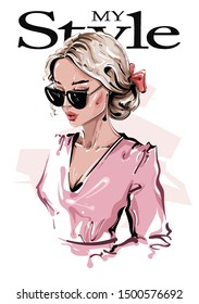 Hand drawn beautiful young woman in sunglasses. Stylish girl with bow in her hair. Fashion woman look. Sketch. Vector illustration.