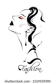 Hand drawn beautiful young woman profile. Stylish girl. Fashion woman. Sketch. Vector illustration.