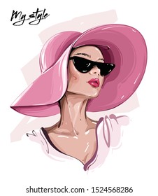Hand drawn beautiful young woman in hat. Stylish girl. Fashion woman look. Sketch. Vector illustration. 