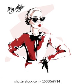 Hand drawn beautiful young woman in sunglasses. Stylish girl with bow on her shirt. Fashion woman in black glove. Sketch. Vector illustration.