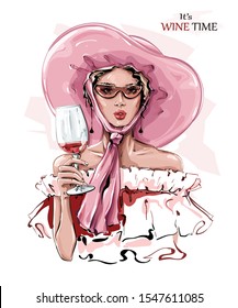 Hand drawn beautiful young woman in pink hat  Fashion woman and glass wine  Stylish girl in sunglasses  Sketch  Vector illustration 