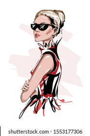 Hand drawn beautiful young woman in sunglasses. Stylish girl. Fashion woman look. Sketch. Vector illustration.