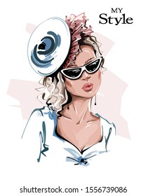 Hand drawn beautiful young woman in hat. Stylish girl in sunglasses. Fashion woman look. Sketch. Vector illustration.