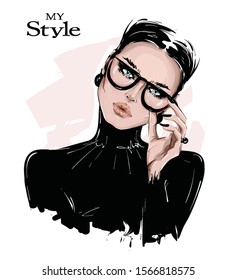 Hand Drawn Beautiful Young Woman In Eyeglasses. Stylish Girl In Black Shirt. Fashion Woman Look. Sketch. Vector Illustration.