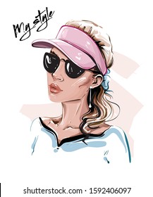 Hand drawn beautiful young woman in sunglasses. Fashion look. Vector illustration.