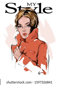 Hand drawn beautiful young woman in orange jacket. Stylish girl. Fashion woman look. Sketch. Vector illustration.