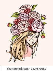 Hand drawn beautiful young woman with peonies and carnations on her head. Vector colourful illustration. Pretty girl with long hair in sketch style. 