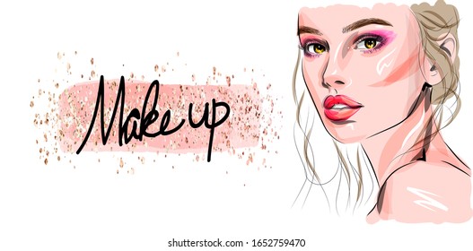 Hand drawn beautiful young woman face sketch. Stylish glamour girl print. Fashion illustration for beauty salon design, makeup artist business card background.

