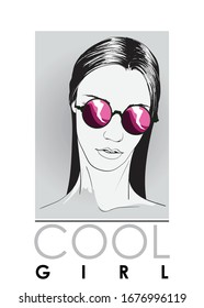 Hand drawn beautiful young woman face in fashion glasses. Fashion.  Beautiful Woman Face