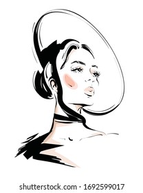 Hand drawn beautiful young woman in hat. Fashion girl in black and white style. Fashion woman look. Sketch. Vector illustration.