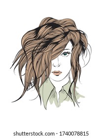 Hand drawn beautiful young woman face. Fashion.  Beautiful Woman Face