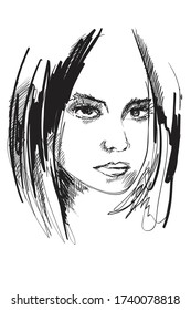 Hand drawn beautiful young woman face. Fashion.  Beautiful Woman Face