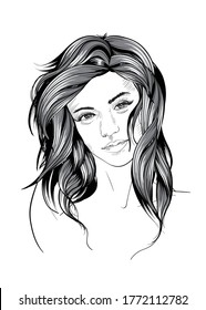 Hand drawn beautiful young woman face. Fashion.  Beautiful Woman Face