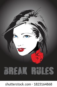 Hand drawn beautiful young woman with a flower on her neck. Cute girl with long hair. Sketch. Vector illustration.