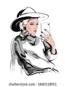 Hand drawn beautiful young woman in hat making selfie. Girl holding phone and making photo. Fashion woman.