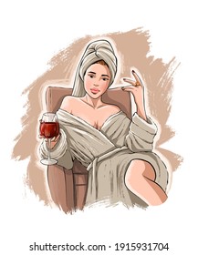 Hand drawn beautiful young woman with wine . Print for T-shirt.Fashion woman look. Sketch. Vector illustration