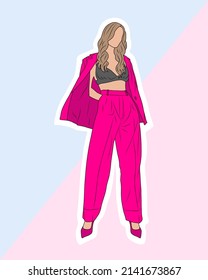 Hand Drawn Beautiful Young Woman. Stylish Girl In Fashionable Suit. Jacket, Trousers And Shoes In Bright Pink Color. Fashion Woman Look In Grey Top With Neckline. Vector Illustration With Background.