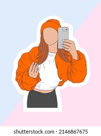 Hand drawn beautiful young woman with red hair. Young lady poses and takes photo with a phone. Stylish girl in sporty orange jacket and hat. Fashion woman look contains white t-shirt and grey skirt.