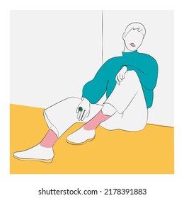 Hand drawn beautiful young woman sitting on the floor. Fashionable woman. Stylish cute girl in a sweater and pants. Sketch. line drawing