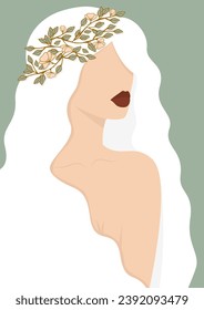 Hand drawn beautiful young woman in flower wreath. Cute girl with long white hair.