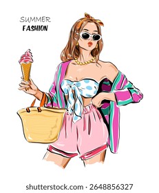 Hand drawn beautiful young woman in sunglasses. Stylish girl in summer clothes. Pretty woman with headband on her head. Fashion look. Vector illustration