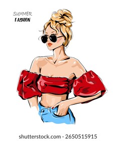 Mão desenhada bela jovem mulher de óculos escuros. Moda loira cabeleireira. Menina elegante. Bonita aparência de moda mulher. Ilustração vetorial.