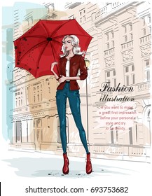 Hand drawn beautiful young woman with umbrella. Fashion woman with architectural background. Stylish girl in fashion clothes. Sketch. Vector illustration.