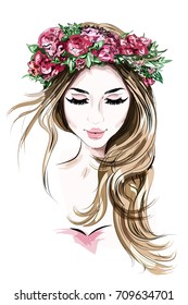 Hand drawn beautiful young woman in flower wreath. Cute girl with long hair. Sketch. Vector illustration.