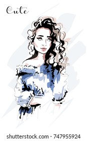 Hand drawn beautiful young woman portrait. Fashion woman with curly hair. Sketch. 