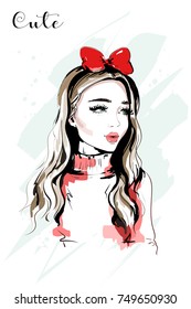 Hand drawn beautiful young woman portrait. Fashion woman with red bow on her head.