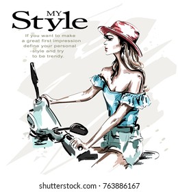 Hand drawn beautiful young woman in hat with scooter. Fashion woman riding. Stylish girl in fashion clothes. Sketch.