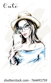 Hand drawn beautiful young woman making selfie. Fashion woman with phone. Stylish cute girl. Sketch.