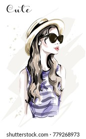 Hand drawn beautiful young woman in hat. Fashion woman in sunglasses. Stylish cute girl. Sketch. Vector illustration.