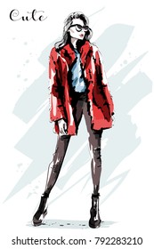 Hand drawn beautiful young woman in fur jacket. Fashion model posing. Cute girl in stylish clothes. Sketch.
