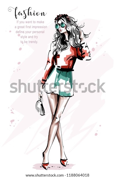 Hand Drawn Beautiful Young Woman Bag Royalty Free Stock Image