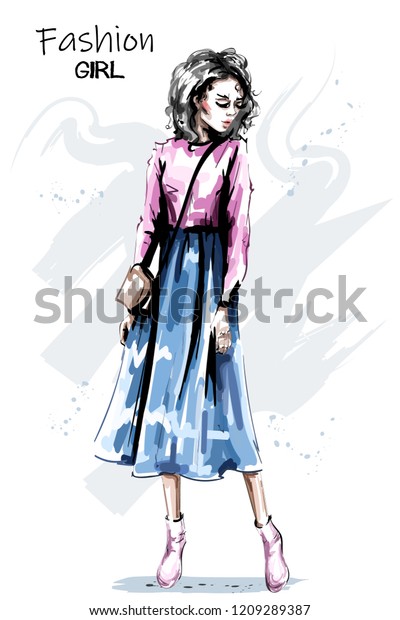 Hand Drawn Beautiful Young Woman Skirt Stock Vector Royalty