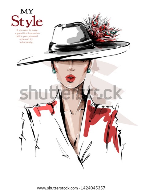 手描きの美しい若い女性の帽子と羽 スタイリッシュでエレガントな女の子 ファッションウーマンのルック スケッチ ベクターイラスト のベクター画像素材 ロイヤリティフリー