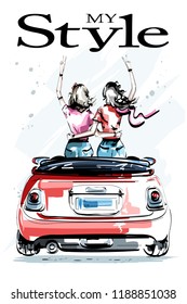 Hand drawn beautiful young women in red car. Stylish elegant girls. Two girls embracing each other. Fashion women look. Sketch.