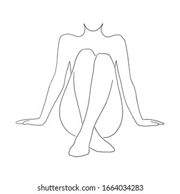 Hand Drawn Beauty Body Line Art. Woman Body Silhouette Art. Outline Drawing Naked Female Body With Crossed Legs. Spa Wellness Concept