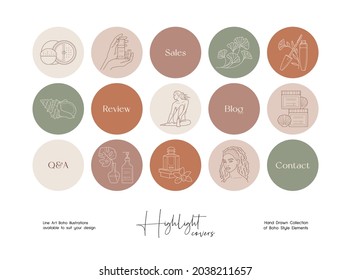 Hand drawn beauty and cosmetics illustration set for social media highlight covers, brand identity, logo design