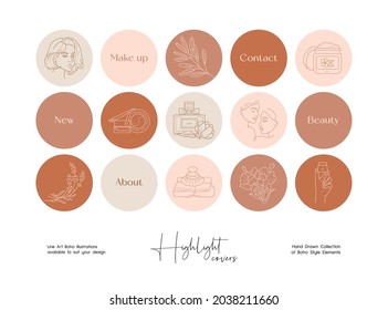 Hand drawn beauty and cosmetics illustration set for social media highlight covers, brand identity, logo design