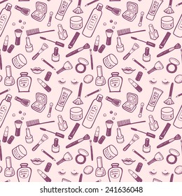 Hand drawn beauty and cosmetics items set. Vector background for your design.