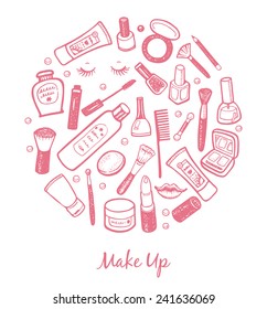 Hand drawn beauty and cosmetics items set. Vector background for your design.